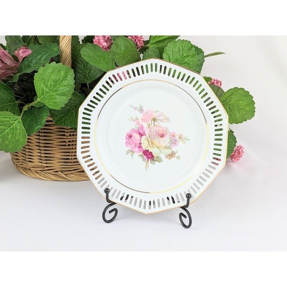 Vtg 1950s Porcelain Vanity Dish Octagon Gold Trim Lattice Reticulated Border - Picture 1 of 9